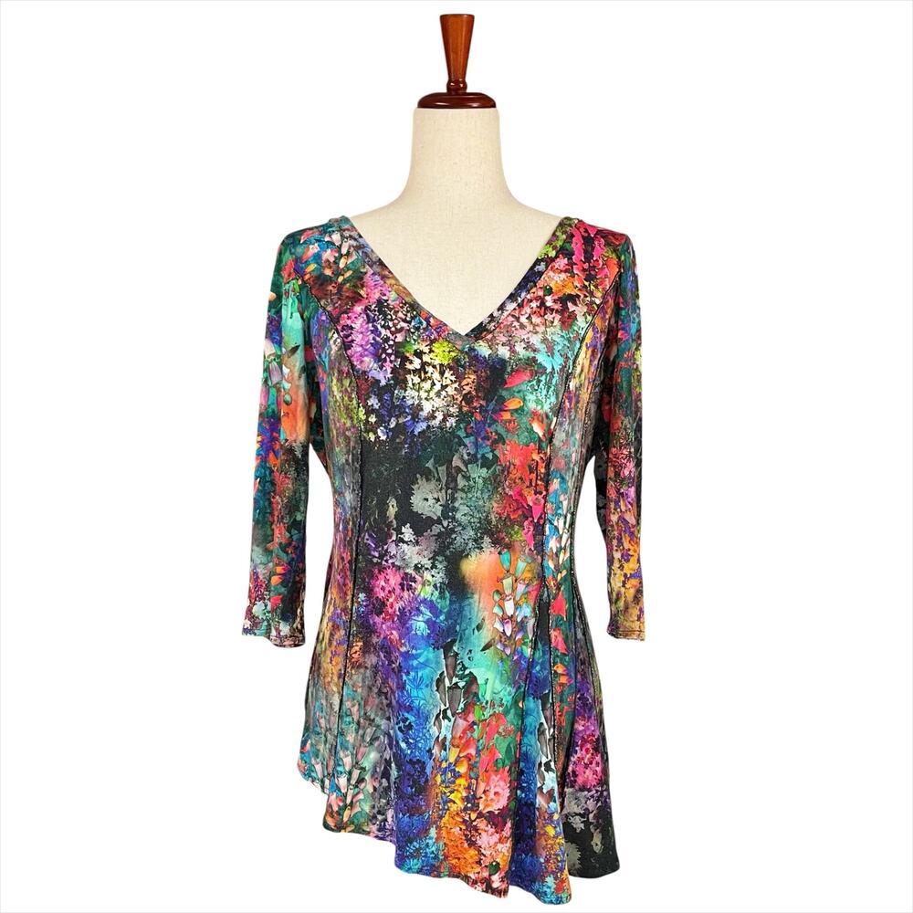 ELENA KATTAN Asymmetric Swing Tunic Top Diagonal Panels Size L Multicolor Floral